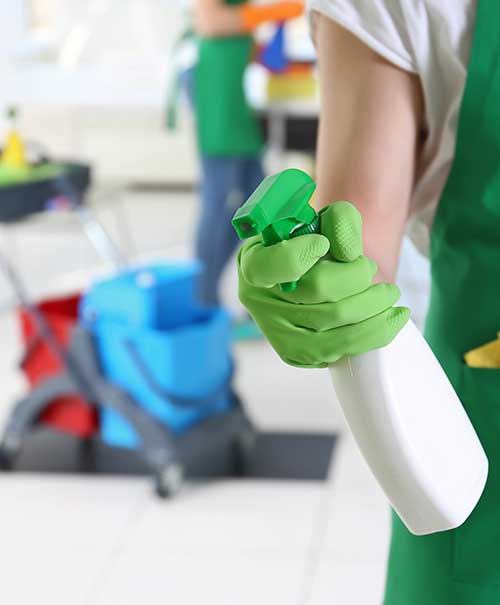 Cleaner in green apron